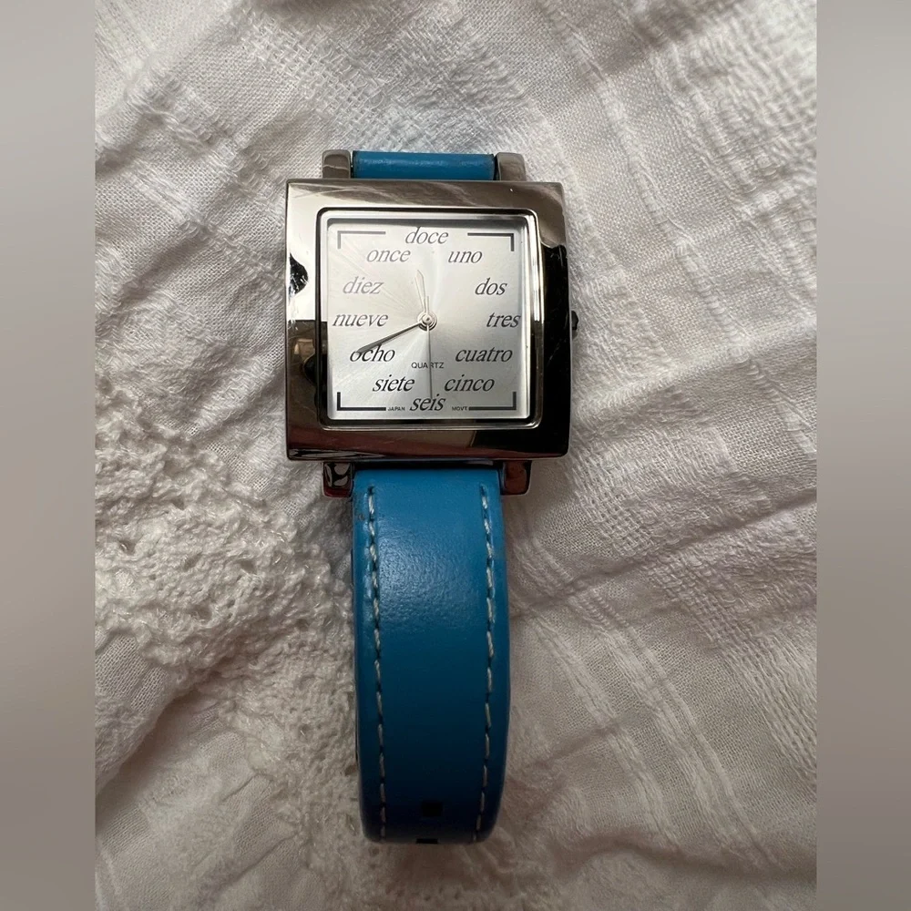 EUC Spanish Numbers Square Watch with Turquoise Leather Wristband RARE - Picture 3 of 7